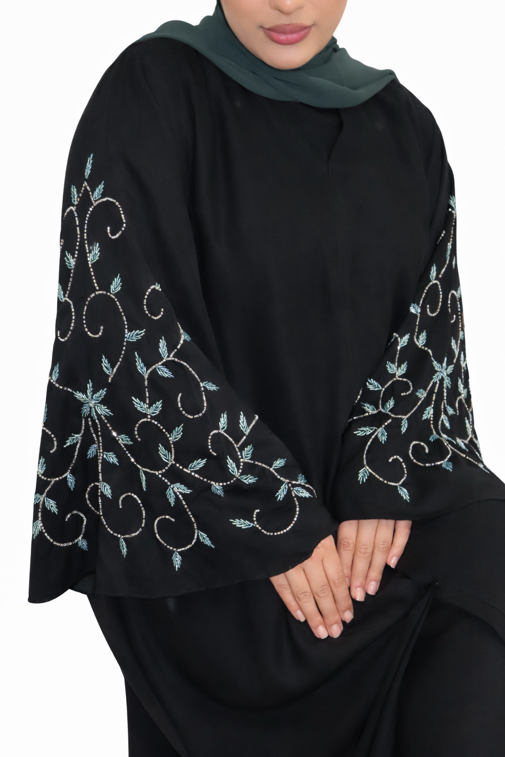 Black & Green Embellished Abaya Set