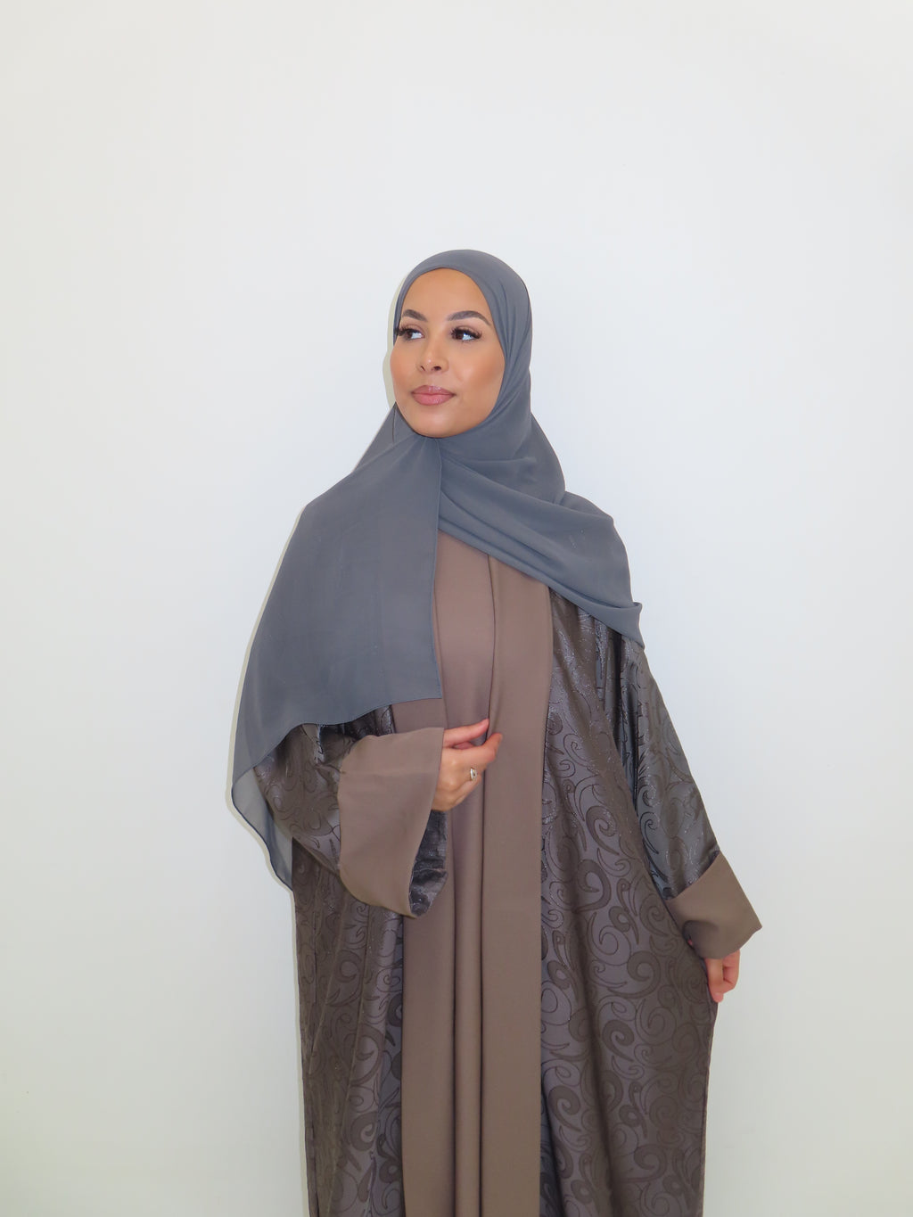 MOCHA BROWN SWIRL OPEN ABAYA SET
