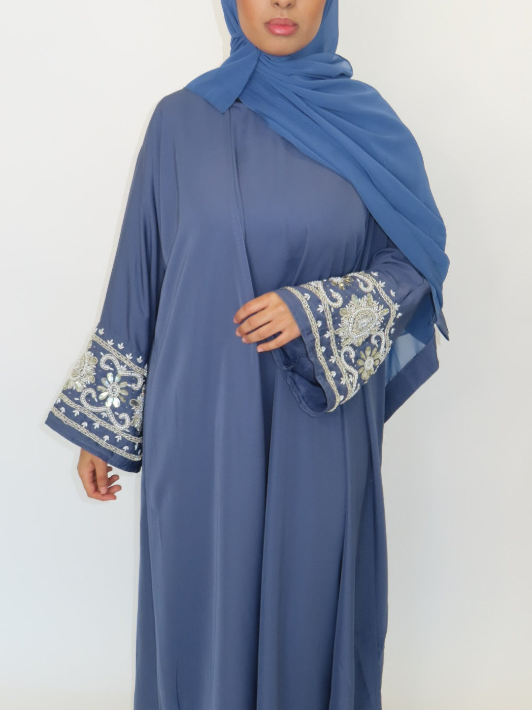 BLUE EMBELLISHED OPEN ABAYA SET