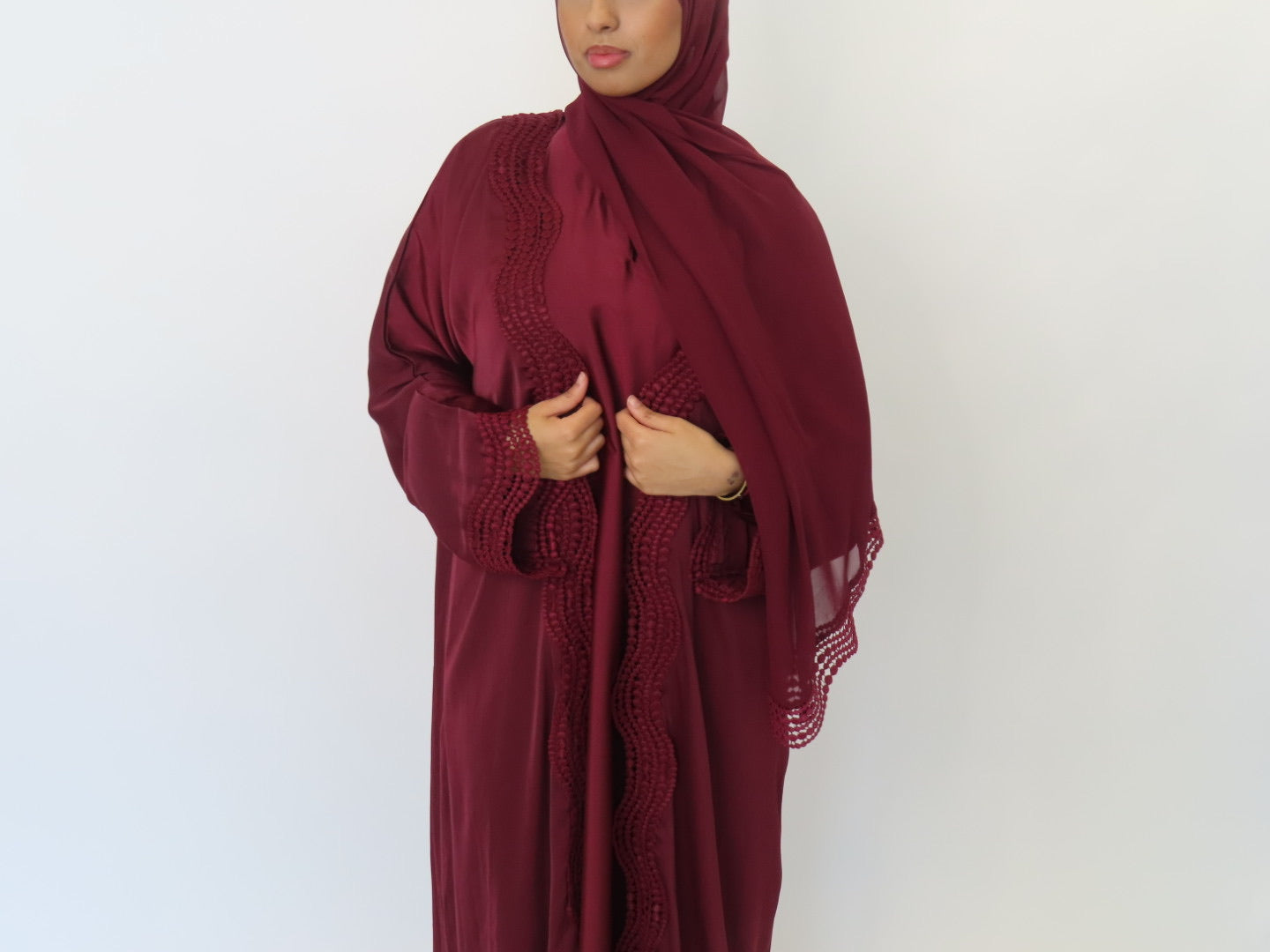 MAROON RED LACE OPEN ABAYA