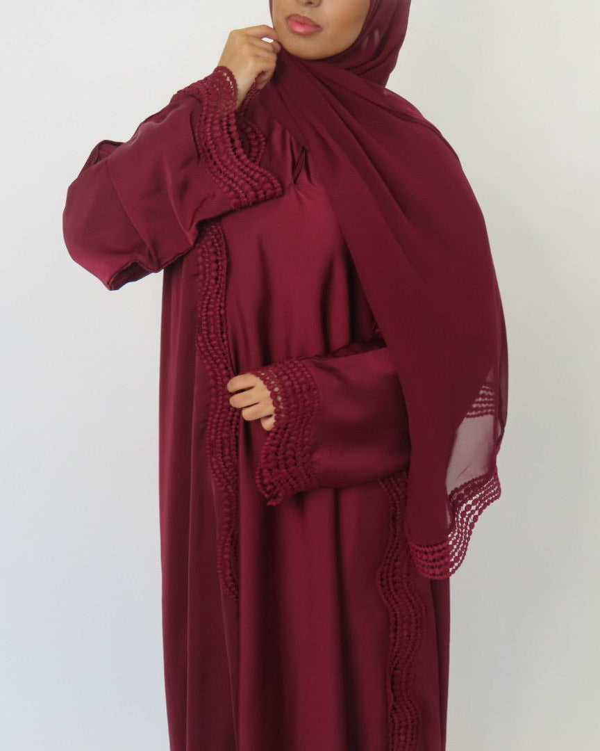 MAROON RED LACE OPEN ABAYA