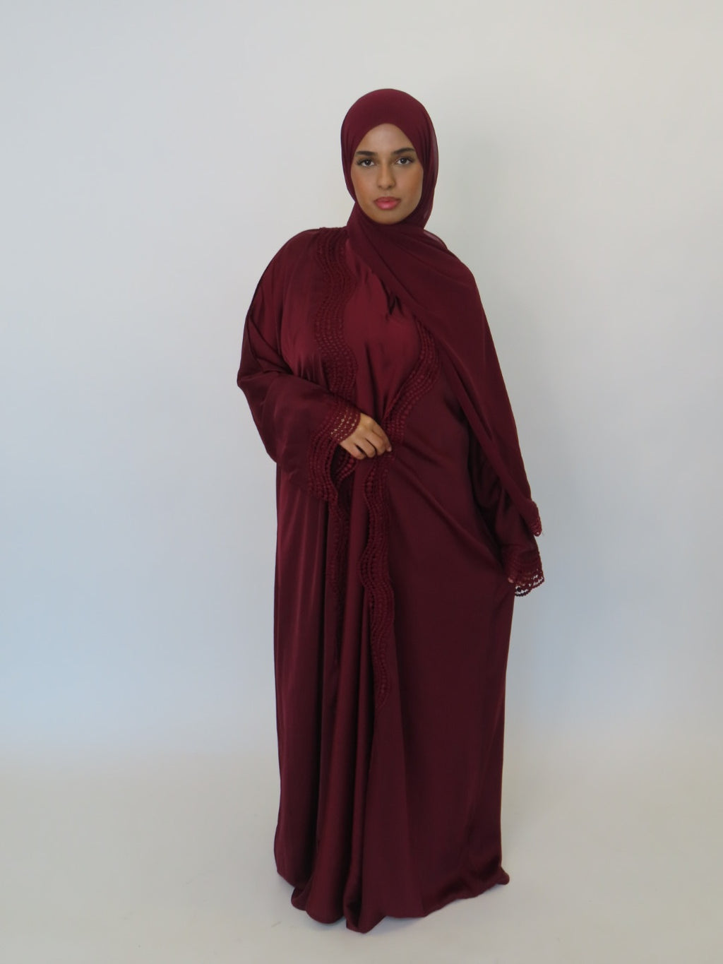 MAROON RED LACE OPEN ABAYA