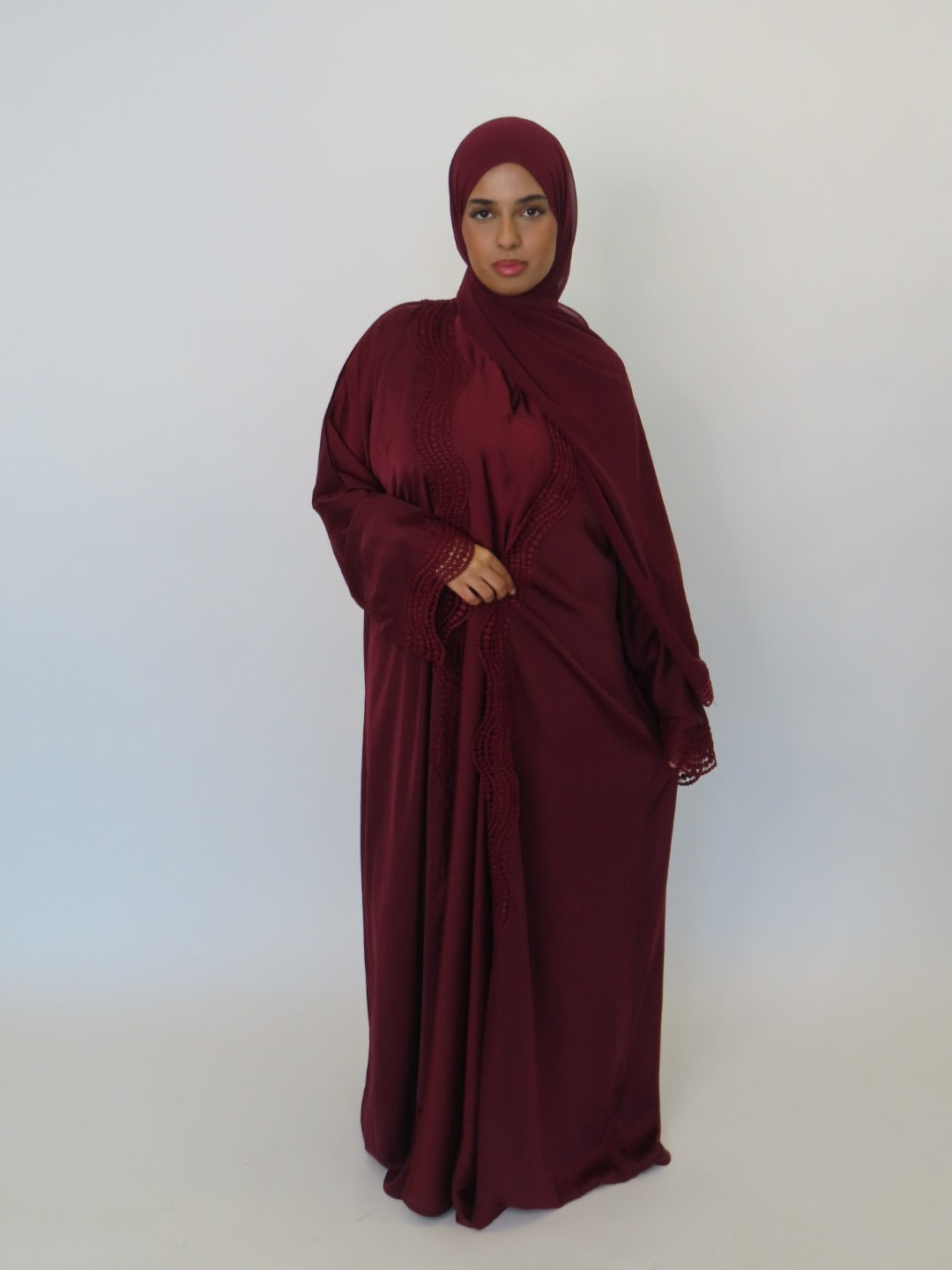 MAROON RED LACE OPEN ABAYA