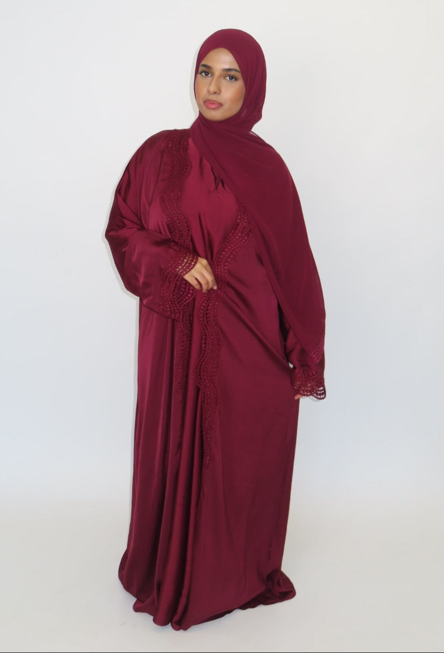 MAROON RED LACE OPEN ABAYA
