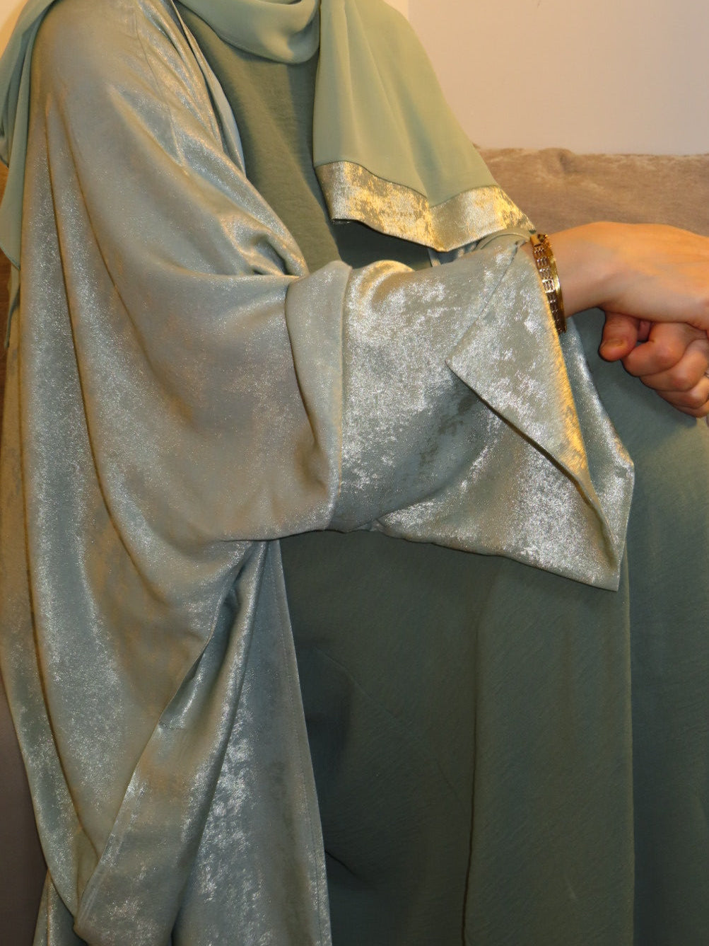 LUXURY SAGE GREEN OPEN ABAYA SET