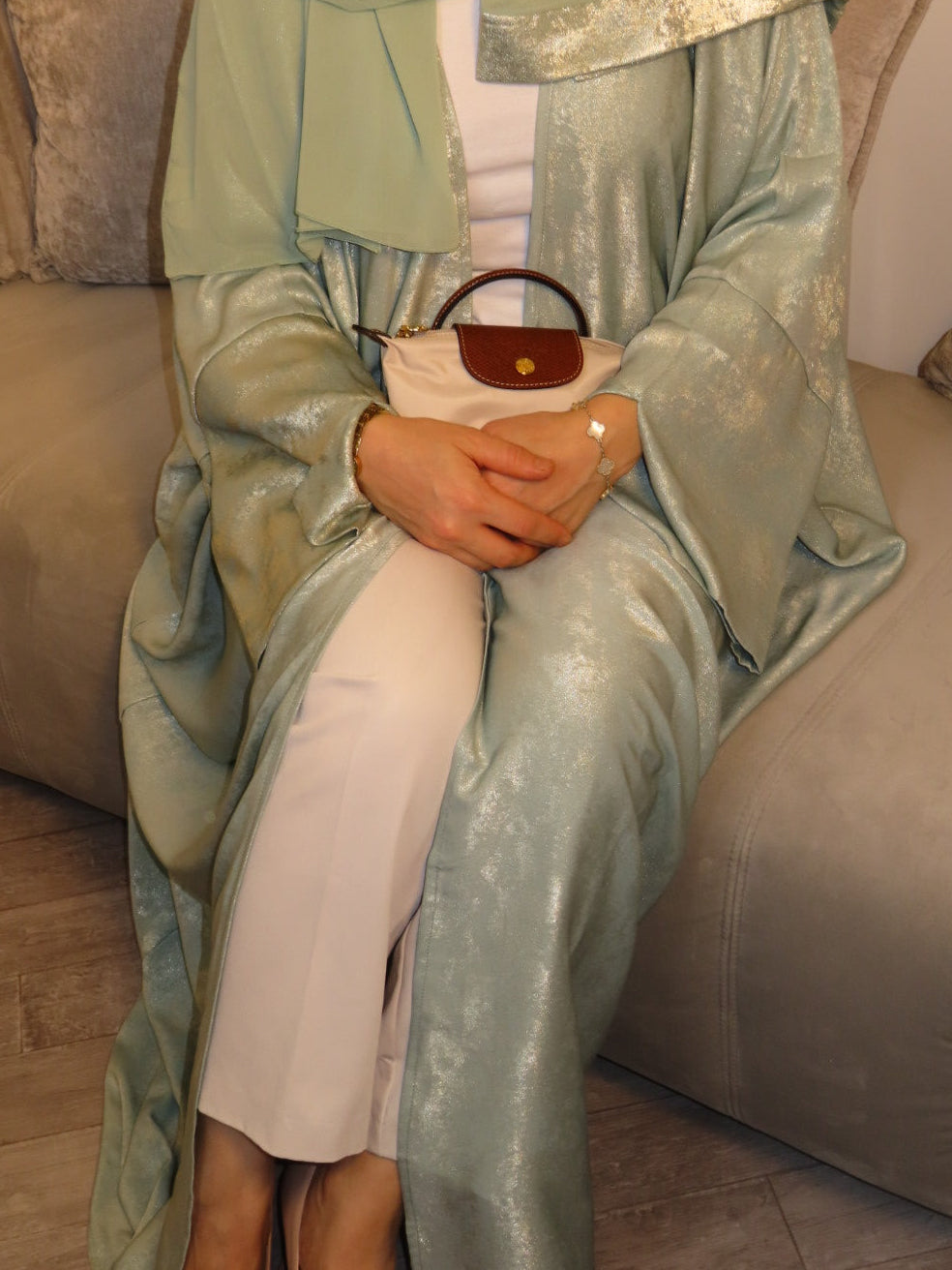 LUXURY SAGE GREEN OPEN ABAYA SET