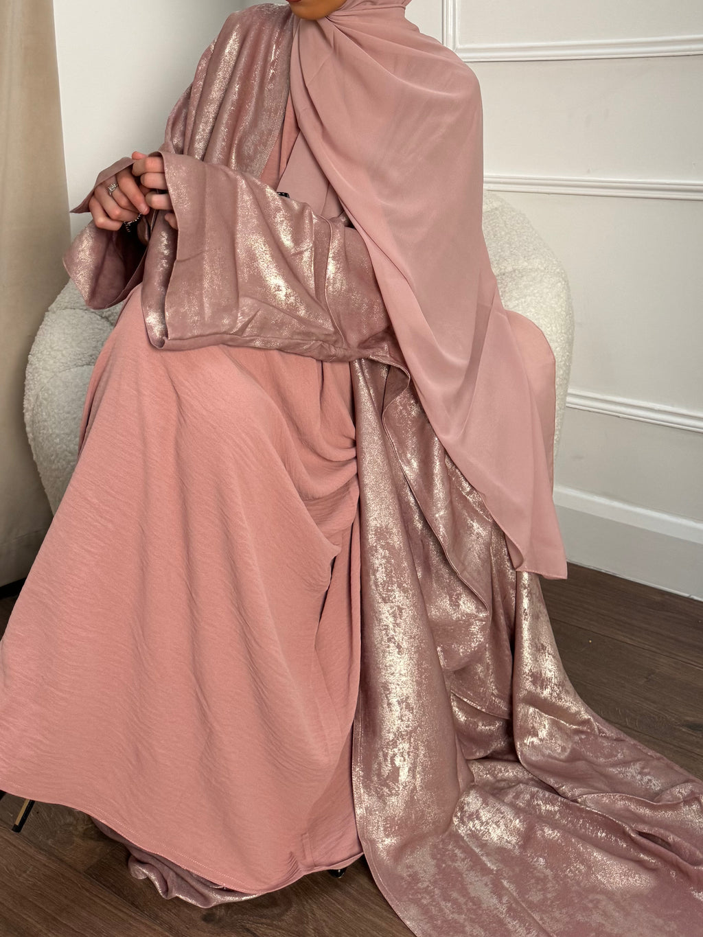 LUXURY ROSE SHIMMER OPEN ABAYA SET