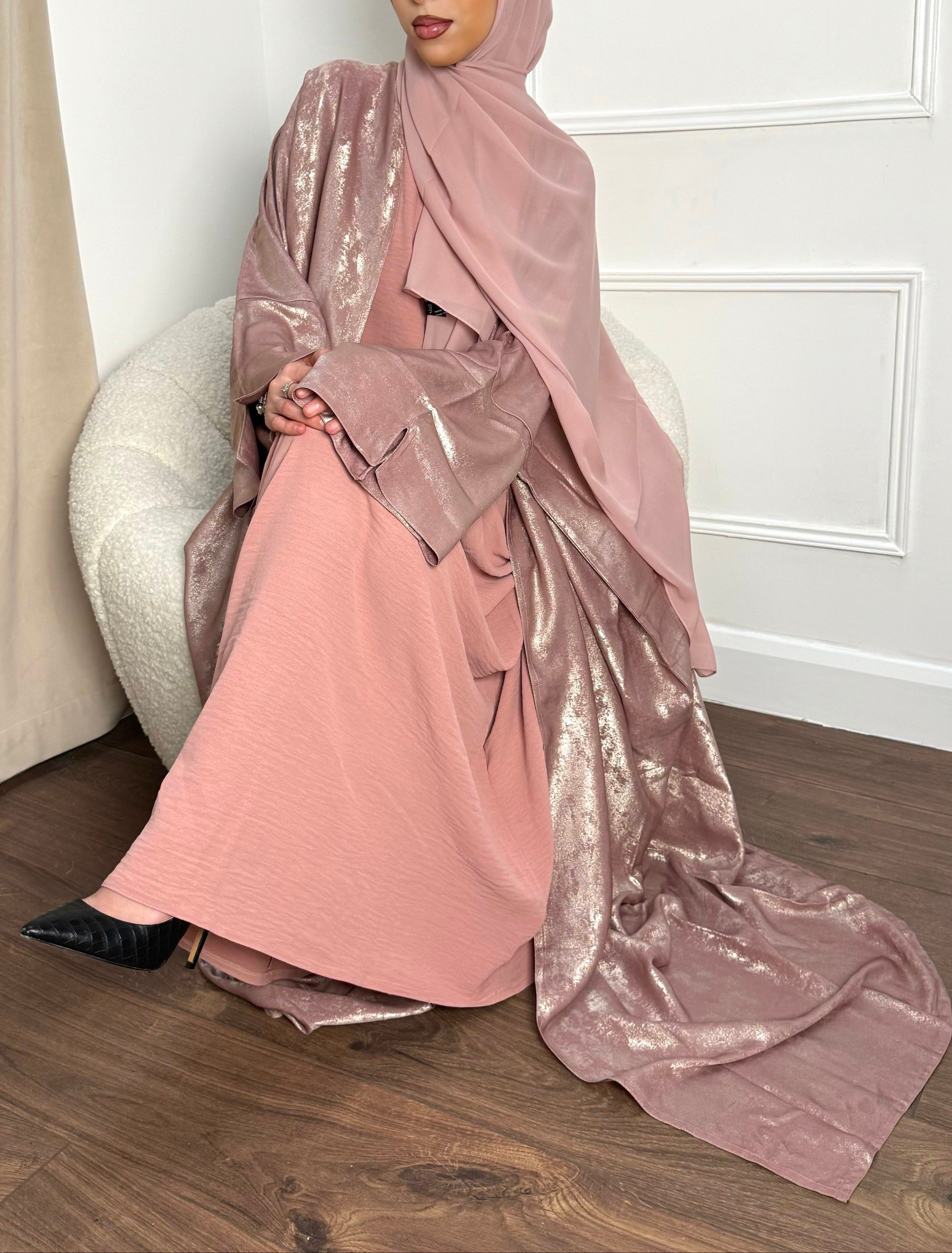 LUXURY ROSE SHIMMER OPEN ABAYA SET